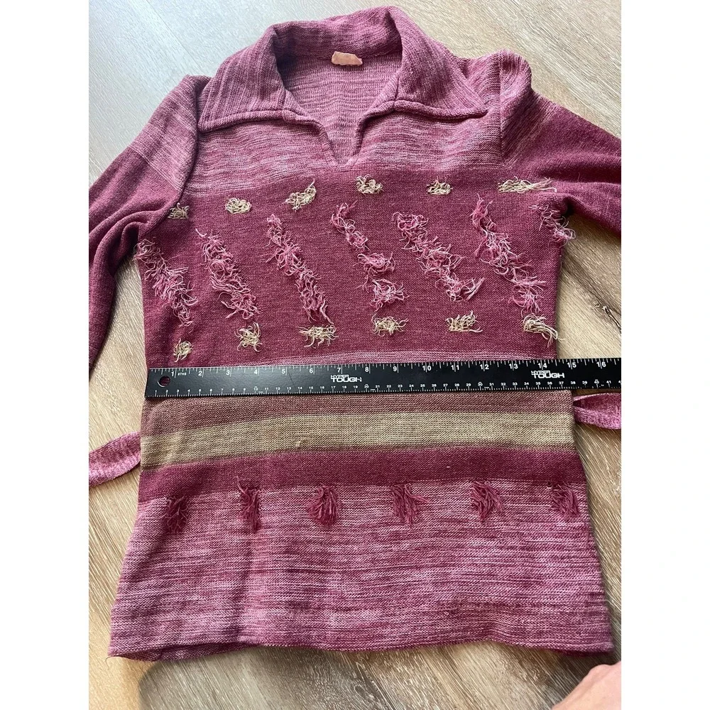 Vintage Women's Red Eye Collar V-neck Raspberry Pink Purple Long Sleeve Shirt